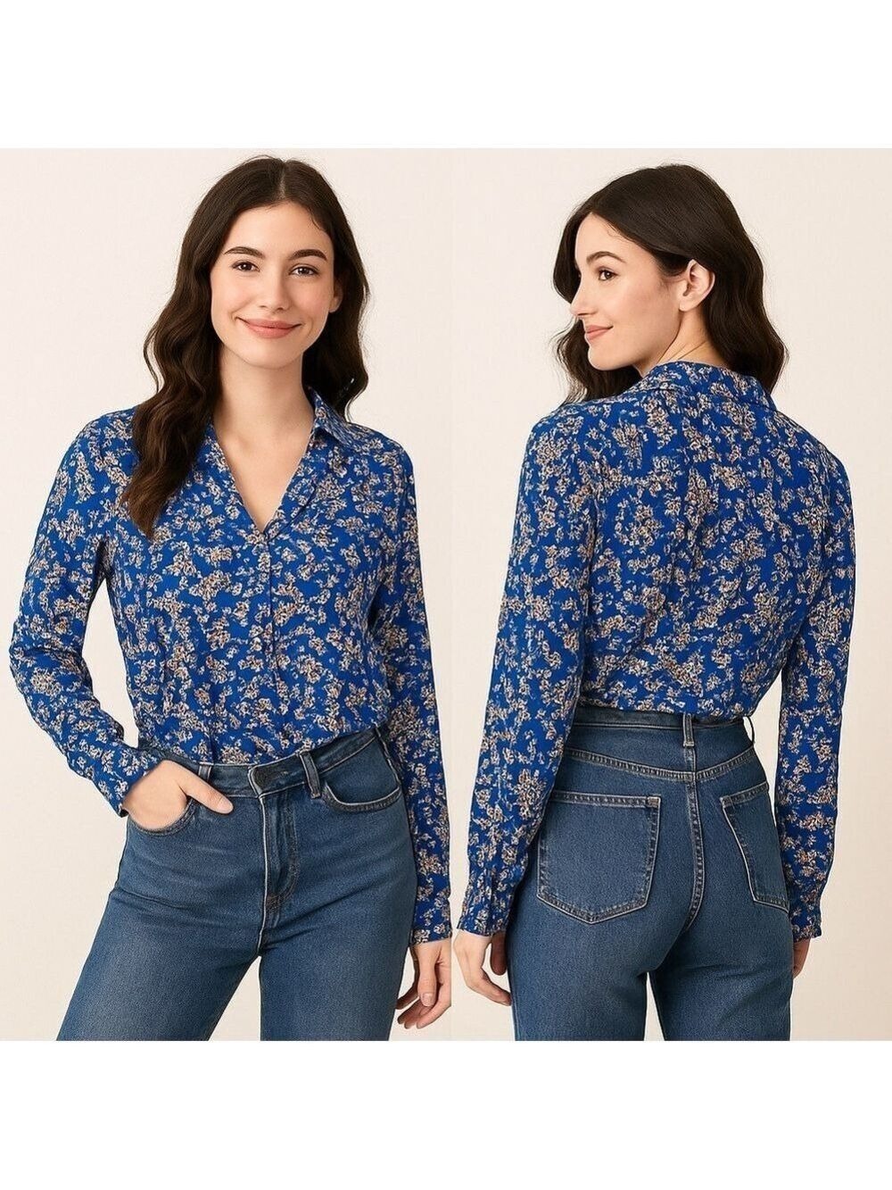 💙 SHEIN Royal Blue Floral Print Blouse 🌸 Size Medium